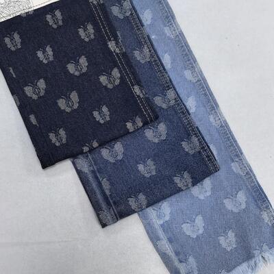 comprar Tejido vaquero jacquard con estampado de mariposas, azul oscuro, algodón y poliéster, 10oz, para vaqueros de diseño especial Fabricación en línea